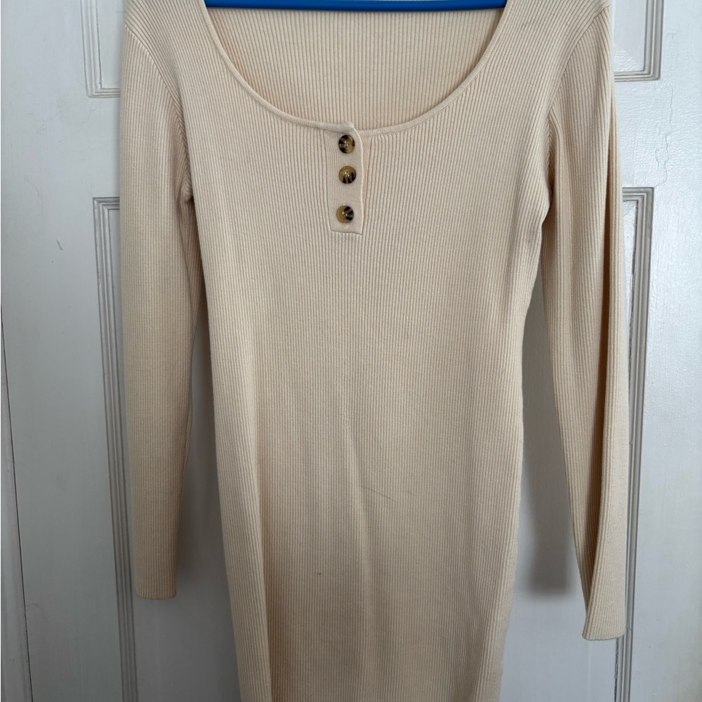 Cream Ribbed Long Sleeve Top with Button Detail